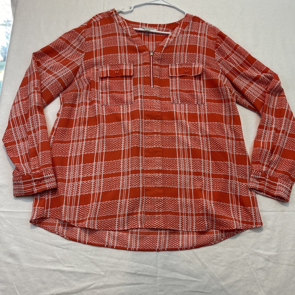 Studio Works Womens XL Blouse Pink White Plaid 1/4 Zip Swoop Neck Long Sleeve